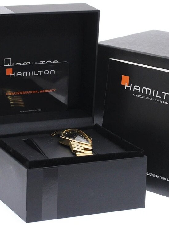 Hamilton [N MINT] HAMILTON Ventura H243010 Gold Black Dial  HAMILTON Ventura H243010 black Dial Quartz Men\'s Watch_923073